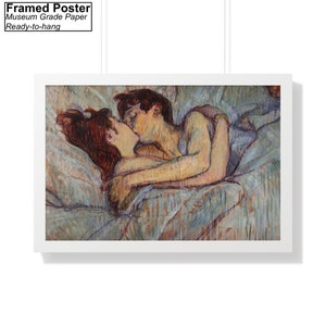 In Bed The Kiss by Henri de Toulouse Lautrec Canvas/Poster Wall Art Reproduction, Above Bed Print White Framed Poster