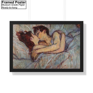 In Bed The Kiss by Henri de Toulouse Lautrec Canvas/Poster Wall Art Reproduction, Above Bed Print Black Framed Poster