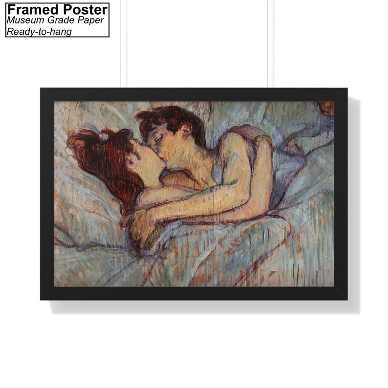 In Bed The Kiss by Henri de Toulouse Lautrec Canvas/Poster Wall Art Reproduction, Above Bed Print Black Framed Poster