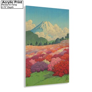 Op de afbeelding: Een acrylprint van een Japans landschap met de berg Fuji op de achtergrond en een veld met roze, rode en paarse bloemen op de voorgrond. De lucht is blauw met witte wolken. De print is klaar om op te hangen en heeft een diepte van 1,9 cm.