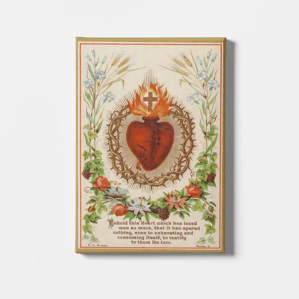 Sacred Heart of Jesus Canvas Wall Art Reproduction, Holy Card Painting Print, Catholic Poster