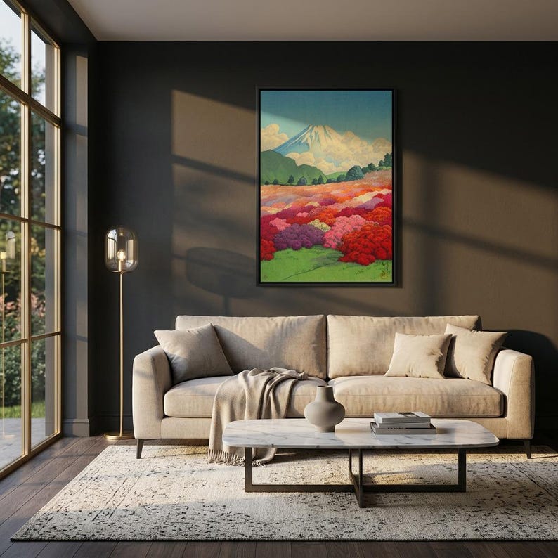 View of an Azalea Garden and Mount Fuji by Kawase Hasui Canvas Wall Art