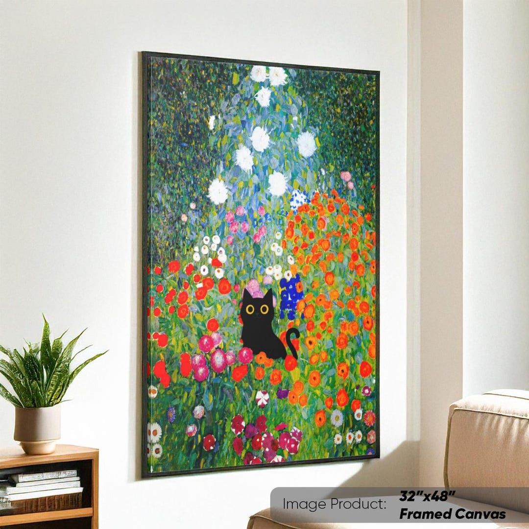 Gustav Klimt Garden Flowers Black Cat: Canvas Wall Art, Framed Poster ...