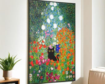 Gustav Klimt Trädgårdsblommor Svart katt: Canvastavla, Inramad Poster, Rolig Målning