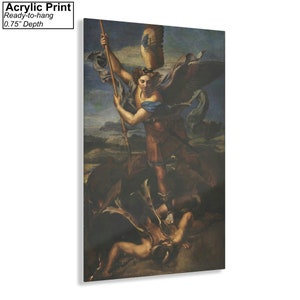 K&ouml;nnte beinhalten: Ein Acryldruck eines Gem&auml;ldes, das einen Engel mit goldenen Fl&uuml;geln und einer Lanze zeigt, der einen gefallenen Engel mit dunklen Fl&uuml;geln besiegt. Der Engel tr&auml;gt eine blaue und rote Tunika und R&uuml;stung. Der gefallene Engel liegt am Boden, besiegt.