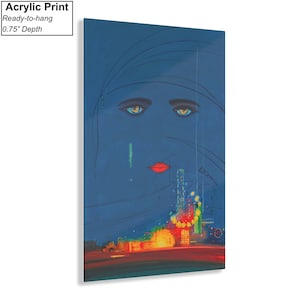 May include: An abstract painting in blue and red depicting a woman's face with large eyes and a red mouth. The background is a dark blue with a cityscape in the bottom half of the painting.