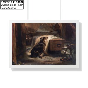 Pu&ograve; includere: Un poster incorniciato di un dipinto che raffigura un cane che guarda un letto con una coperta sopra. Il cane &egrave; marrone e nero e siede su un pavimento di legno. La stanza &egrave; scarsamente illuminata e ci sono altri oggetti sullo sfondo.
