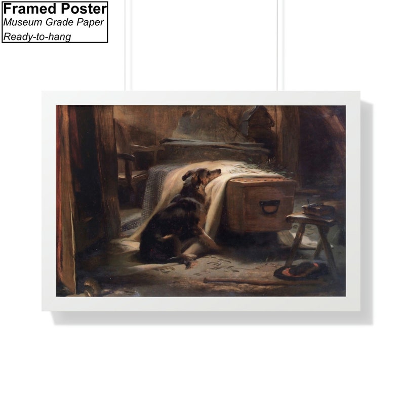 Pu&ograve; includere: Un poster incorniciato di un dipinto che raffigura un cane che guarda un letto con una coperta sopra. Il cane &egrave; marrone e nero e siede su un pavimento di legno. La stanza &egrave; scarsamente illuminata e ci sono altri oggetti sullo sfondo.