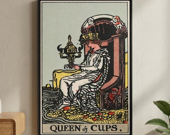 Queen of Cups Tarot Card Canvas/Poster Wall Art Reproduction, Psychic Painting Print