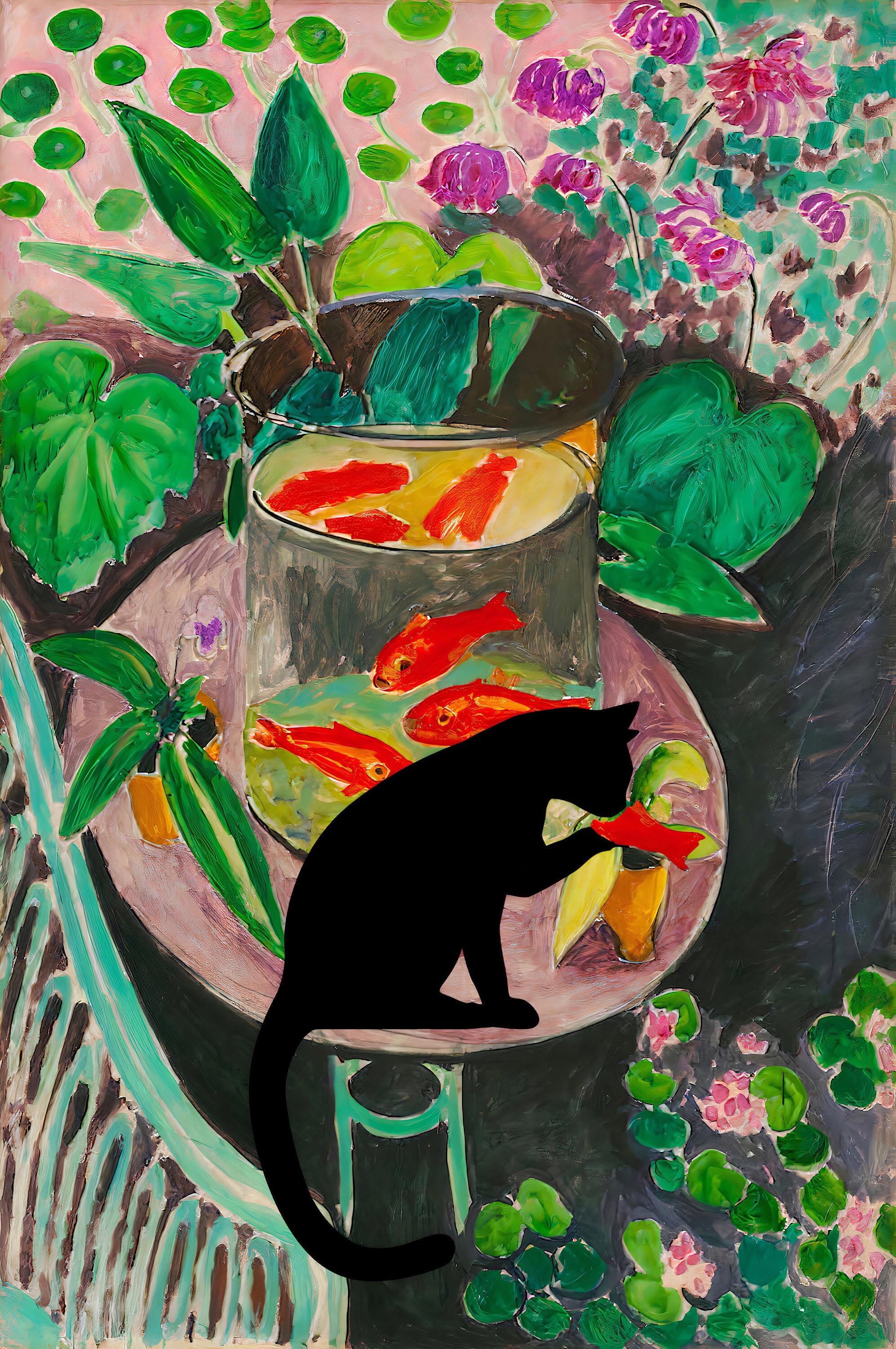 マティスの金魚と猫のキャンバス壁アート、改変された絵画プリント