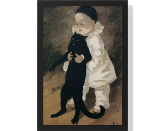 新物屋様 オーダー絵画「猫の背中に何かある〜黒猫の背中にガソリンスタンド」 テオフィル・スタンラン作「ピエロと猫」キャンバス/ポスター ウォール