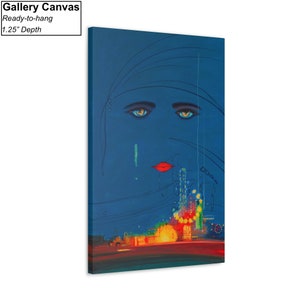May include: An abstract painting in blue and red depicting a woman's face with a city skyline in the background. The woman's eyes are large and blue, and her lips are red. The city skyline is made up of tall buildings with lights.