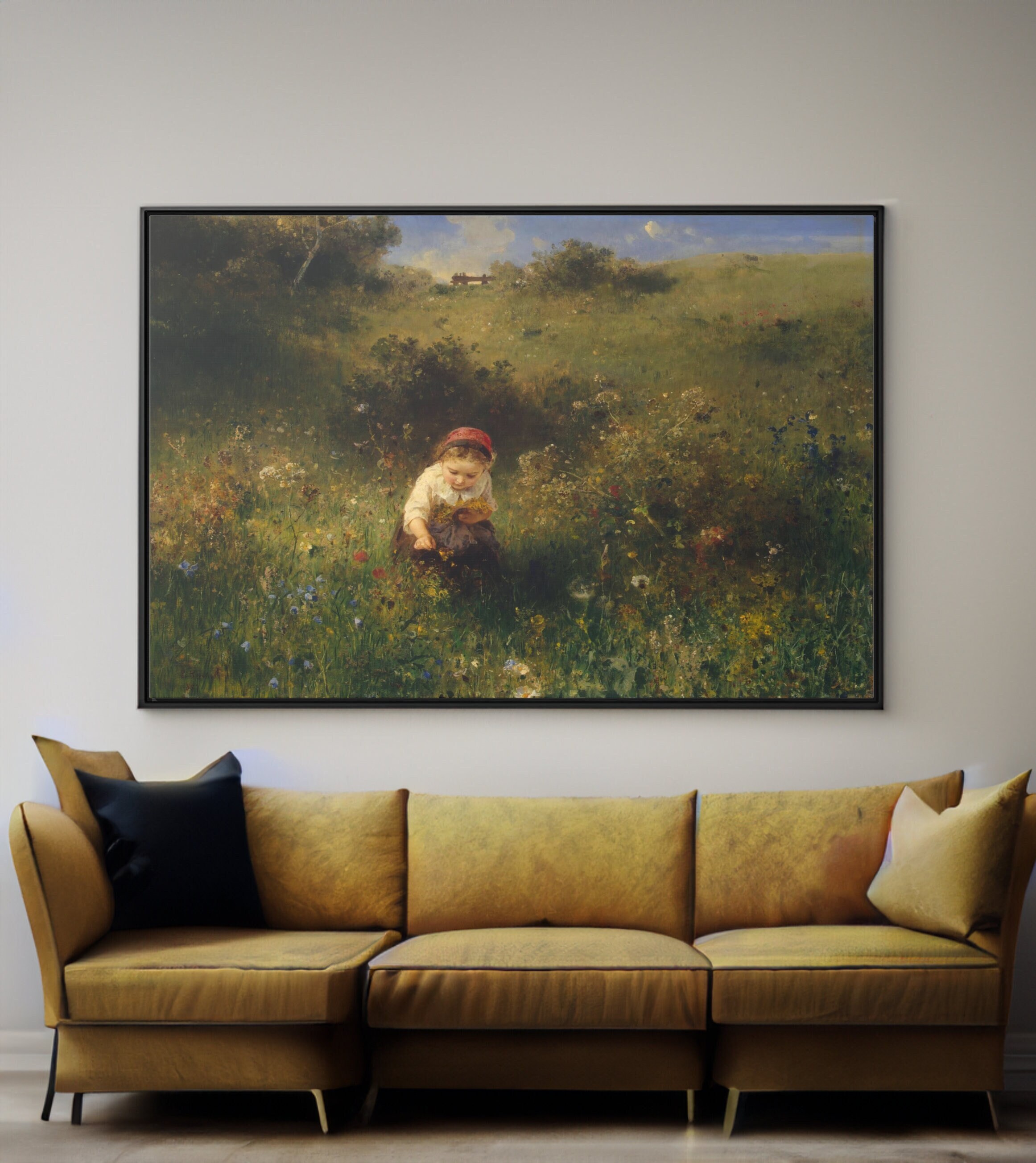 ルートヴィヒ・クナウス作『野原の少女』 風景画 フレーム付き　油絵 ルートヴィヒ・クナウス作『野原の少女』 風景画 フレーム付き 油絵