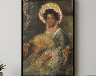 Vintage African American Painting Print: Young Black Girl with Fan