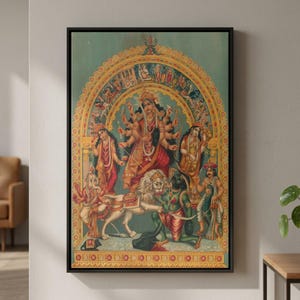 Shri Shri Durga con Mahisha Trisula Lakshmi Saraswati Lienzo/Póster Arte de la pared, Impresión de arte de la India, Obra de arte de la diosa