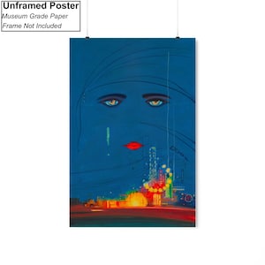 May include: An abstract painting in blue and red featuring a stylised woman's face. The woman's eyes are large and green, and her lips are red. The background is a dark blue with a cityscape in the lower half of the painting.