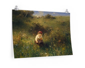 ルートヴィヒ・クナウス作『野原の少女』 風景画 フレーム付き　油絵 ルートヴィヒ・クナウス作「野原の少女」キャンバス/ポスター 壁アート