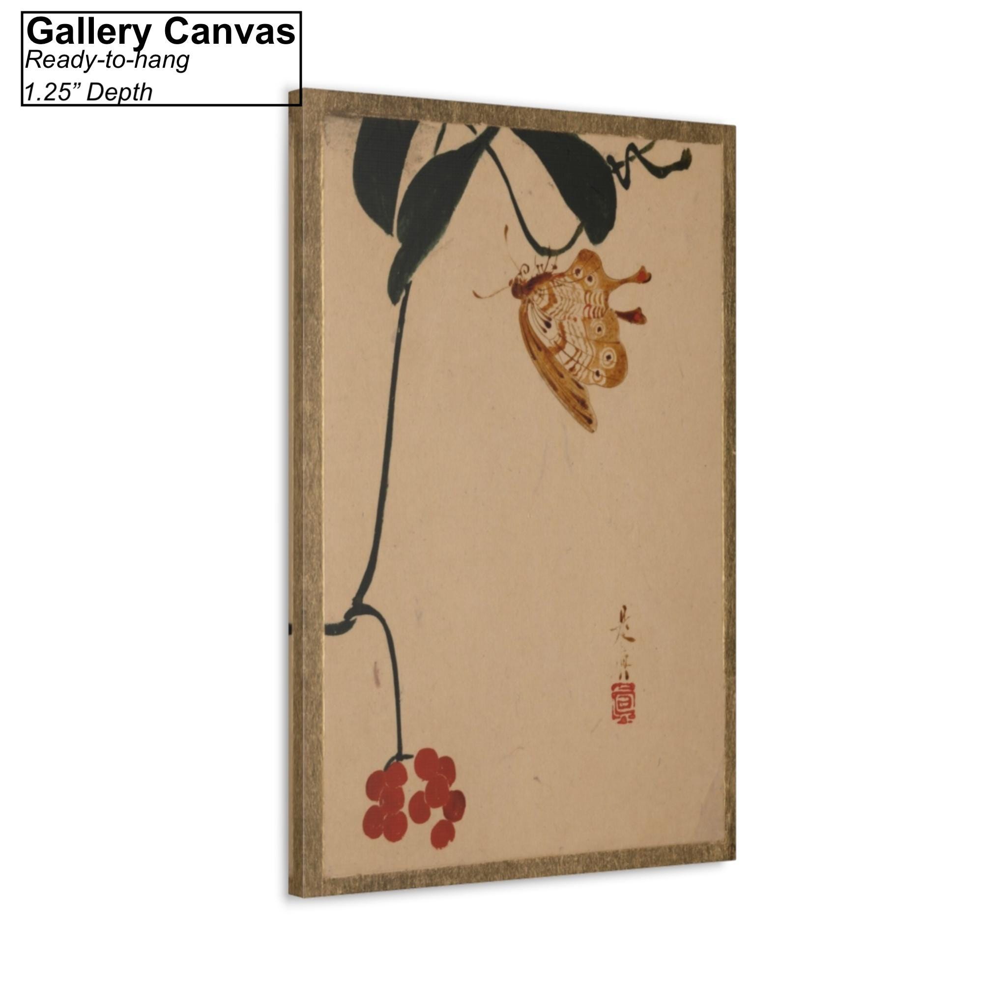 Tableau Toile Shibata Zeshin - Usine De Baies Rouges Et Papillon, Art Asiatique, Prêt à Accrocher