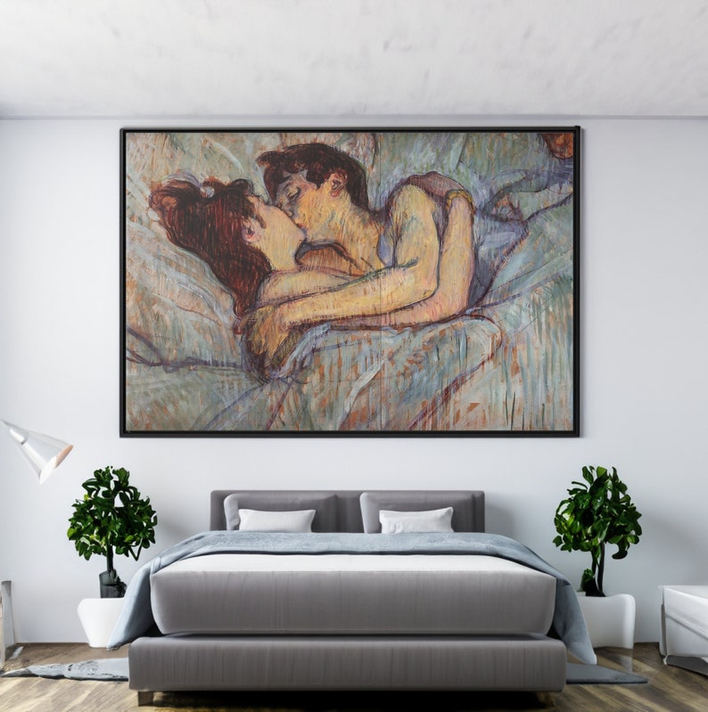 In Bed The Kiss by Henri de Toulouse Lautrec Canvas/Poster Wall Art Reproduction, Above Bed Print image 1