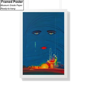 May include: A framed poster with a blue background featuring a stylised illustration of a woman's face with large eyes and red lips. The background also features a cityscape with lights and buildings.