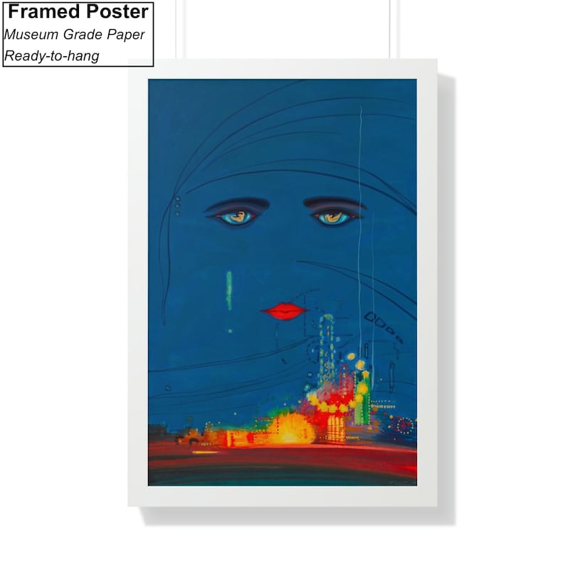 May include: A framed poster with a blue background featuring a stylised illustration of a woman's face with large eyes and red lips. The background also features a cityscape with lights and buildings.