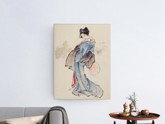 葛飾北斎の市松模様の着物を着た女性を描いたアートプリント：日本の