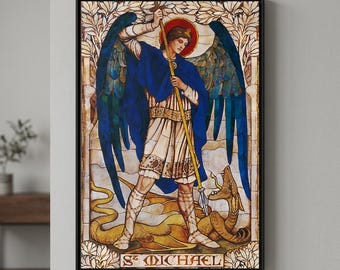 St Michael Canvas Wall Art, Archangel Painting Print, Vintage Catholic Poster