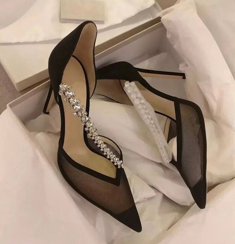 Premium Suede Pointed Toe Black Pumps Elegant Diamonds Strap - Etsy