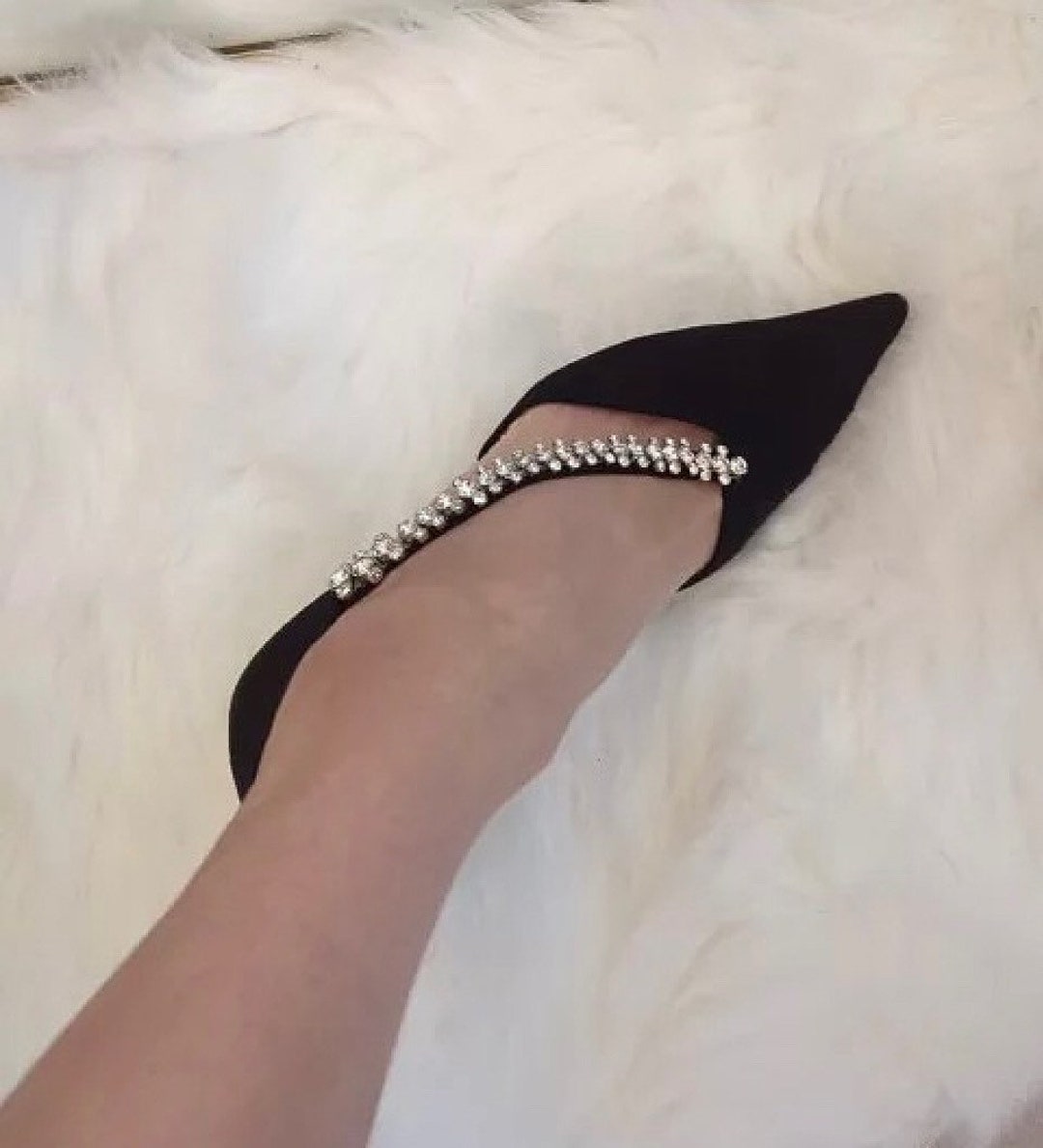Premium Suede Pointed Toe Black Pumps Elegant Diamonds Strap - Etsy