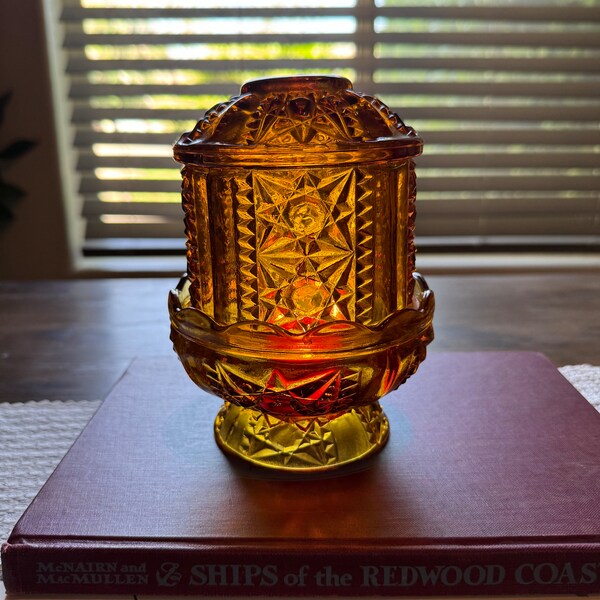 1970’s Amber Glass Fairy Lamp Stars and Bars by Indiana Glass