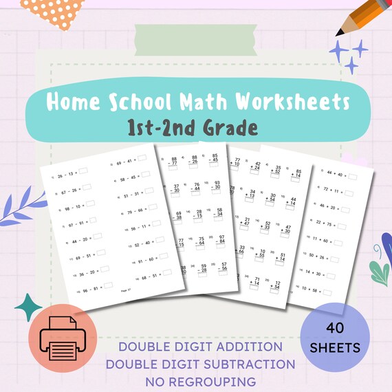 40 Printable Math Worksheets, 1st and 2nd Grade Summer Review Math Worksheets, Double Digit Addition and Subtraction no regrouping