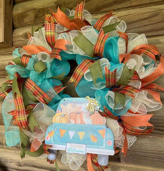 Colorful Fall Wreath Work Frame Deco Mesh Beautiful Plaid Blue Etsy