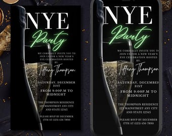 Digital New Years Eve Party Invitation, Electronic Phone Evite, NYE 2025, Champagne, Black Gold Green, Editable Invitation, Instant Download