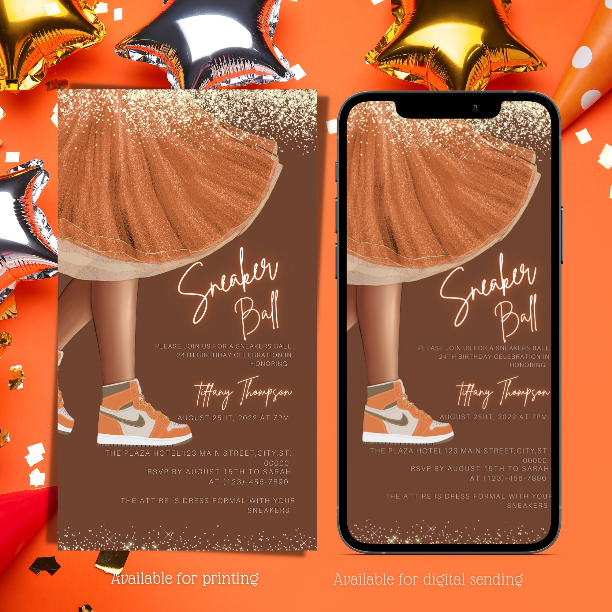 Digital Sneaker Ball Party Invitation, Electronic Orange Gold Text Message Birthday Invite, Editable Invitation, Instant download