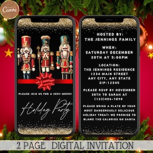 May include: A digital invitation for a holiday party with a black background and gold glitter. The invitation features three nutcracker figurines and a red bow. The text on the invitation reads "Please join us for a very merry Holiday Party" and includes the details of the party, including the date, time, location, and RSVP information.