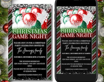 Christmas Game Night Party Digital Invitation, Electronic Phone Evite, Family Game Night, Neon Red Green, Balloons, Editable Invitation
