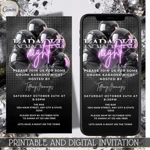 Electronic Karaoke Night Invitation, Digital Birthday Party Evite, Black, Purple & Silver Balloon Theme,  Music Party, Editable Invitation