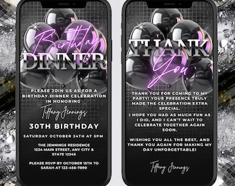 Digital Birthday Dinner Invitation, Neon Purple, Silver & Black Balloon Theme, Luxury Party Invite for Women, Digital Download