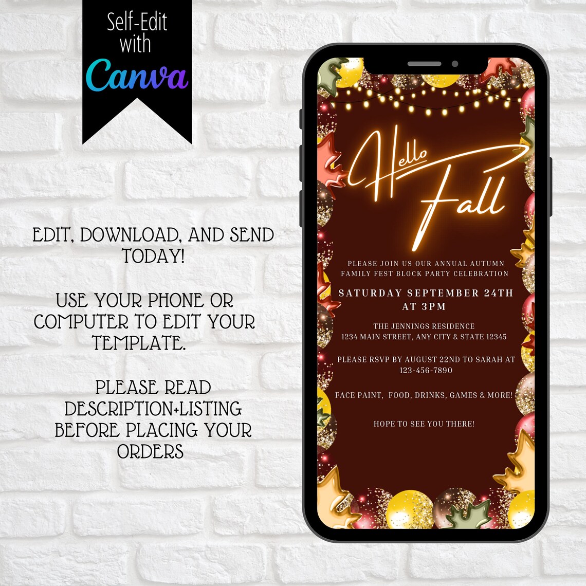 Digital Fall Block Party Invitation, Electronic Neighborhood Community ...