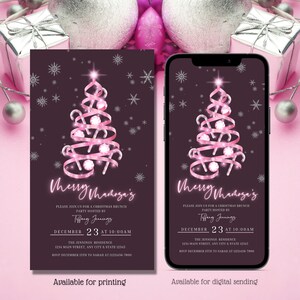 Digital Christmas Brunch Invitation, Electronic Invite, merry mimosas, Pink Snowflakes, Brunch party, Editable template, Instant download