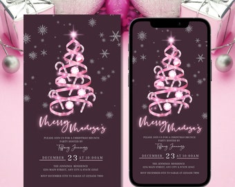 May include: A pink and white Christmas brunch invitation with a pink and white candy cane Christmas tree design. The text reads "Merry Christmas's" and includes the date and time of the event, the host's name, and the location. The invitation is available for printing or digital sending.