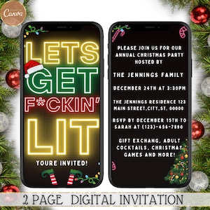 Digital Let&#39;s Get Lit Funny Christmas Party, Electronic Neon Red Green Yellow, Text Message Invite, Editable Invitation, Instant Download