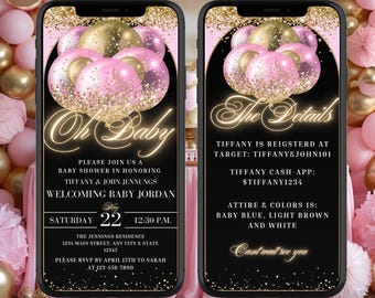 Pink & Gold Balloon Girl Shower Invitation: Editable Text Message Template (Digital Download)
