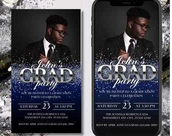 Electronic Graduation Invitation, Digital Navy Blue & Silver Animated Grad Party Announcement, Editable Video Invite, Grad Flyer Template