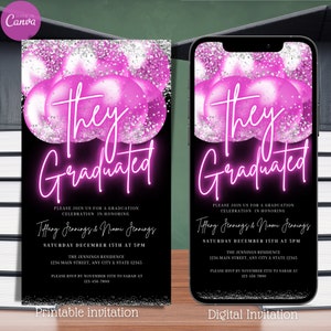 Digital They Did It Graduation Party Invitation, Electronic Neon Pink Silver Balloons Invite, Double Graduation, Editable Template