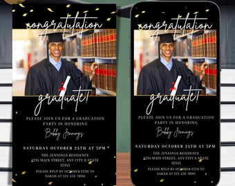 May include: Black and gold graduation invitation with a photo of a graduate in a cap and gown. The invitation says "congratulation graduate!" and includes the date, time, and location of the event. It also includes the text "Please join us for a graduation party in honoring Bobby Jennings".