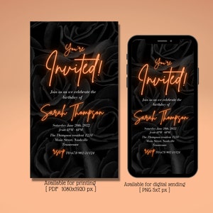 Digital Neon Orange Floral Birthday party invitations, Editable template, instant download, Any age, Birthday Brunch, Text Evite