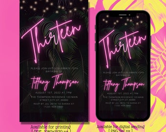 Invito digitale per il tredicesimo compleanno tropicale, festa al neon, invito per tredici compleanni, festa per adolescenti, modello modificabile, download istantaneo