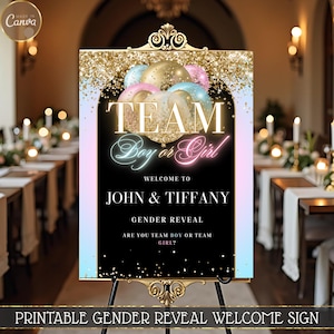 Pink & Blue Gender Reveal Welcome Sign, Glitter Balloons Digital Download, Canva Template