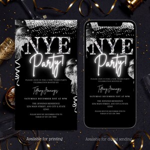 May include: Black and silver New Year's Eve party invitation with a neon sign that says "NYE Party!" and silver confetti. The invitation includes the date, time, location, and RSVP information.  Available for printing and digital sending.